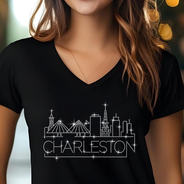 Charleston Rhinestone T-Shirt, Sparkling City Skyline Tee, Women’s Casual Top, Glitter Charleston Design, South Carolina Pride Shirt
