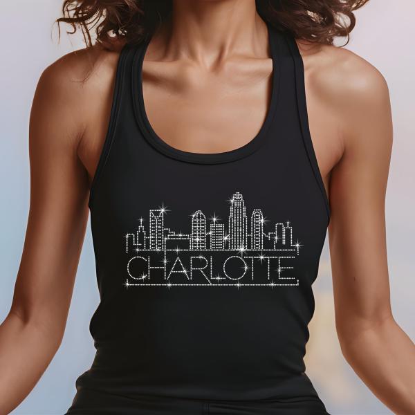 Charlotte Rhinestone T-Shirt, Sparkling City Skyline Tee, Women’s Casual Top, Glitter Charleston Design, North Carolina Pride Shirt