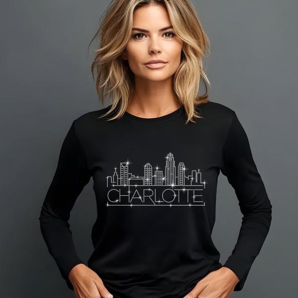 Charlotte Rhinestone T-Shirt, Sparkling City Skyline Tee, Women’s Casual Top, Glitter Charleston Design, North Carolina Pride Shirt