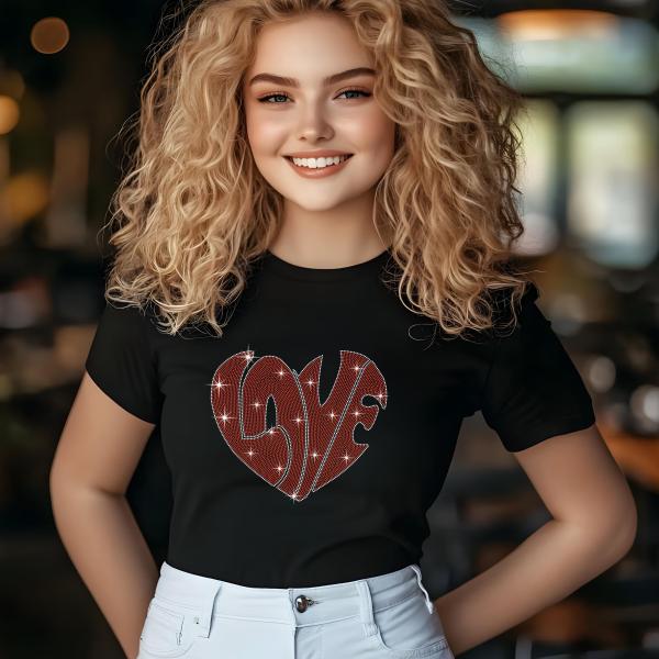 Love Heart Rhinestone T-Shirt, Sparkling Valentine’s Day Tee, Women’s Glitter Love Shirt, Romantic T-shirt, Unique Gift Idea, Gift for Her