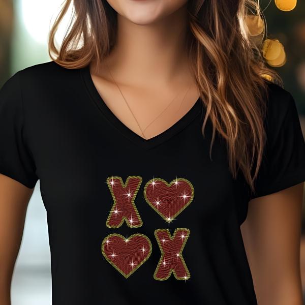 XOXO Heart Rhinestone T-Shirt, Sparkling Valentine’s Day Tee, Women’s Glitter Love Shirt, Romantic T-shirt, Unique Gift Idea, Gift for Her
