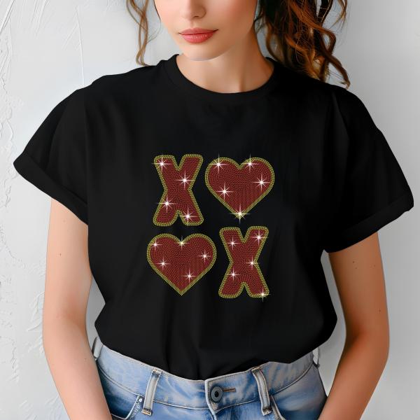 XOXO Heart Rhinestone T-Shirt, Sparkling Valentine’s Day Tee, Women’s Glitter Love Shirt, Romantic T-shirt, Unique Gift Idea, Gift for Her