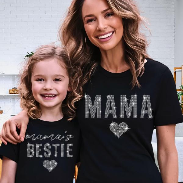 Mama's Little Bestie Matching Rhinestone T-Shirt With Heart, Custom Birthday Mommy Shirt, Mother's Day Sweatshirt, Christmas Gift Idea