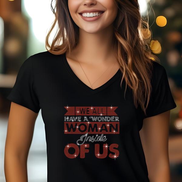 We All a Wonder Woman Inside of us Rhinestone T-Shirt, Women’s Day Sparkling Tee, Gift for Her, Stylish Women’s Rights T-Shirt, Mom Gift