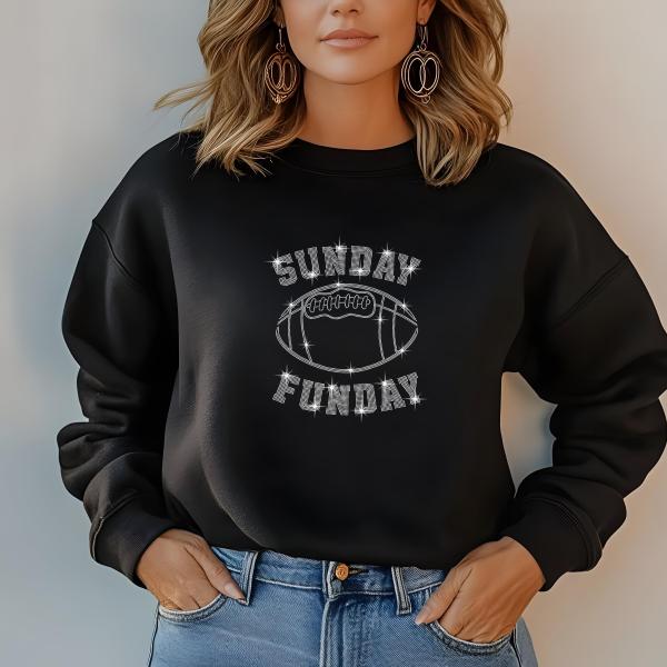 Sunday Funday Rhinestone T-Shirt, Football Sparkle Tee, Glitter Game Day Shirt, Women's Black Top, Fun Sportswear Gift for Fans