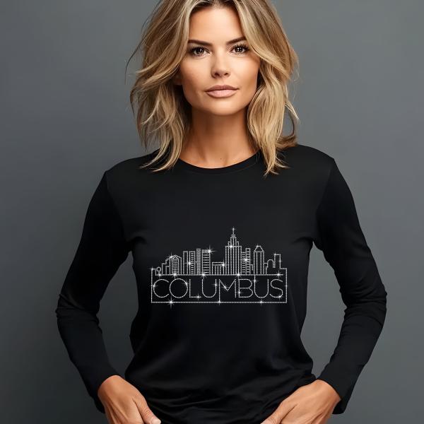 Columbus Rhinestone T-Shirt, Sparkling City Skyline Tee, Women’s Casual Top, Glitter Ohio Design, Ohio Pride Shirt, Gift for Her