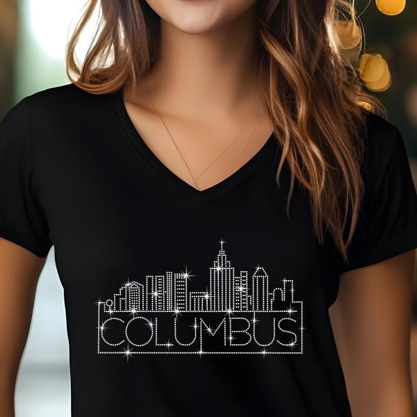 Columbus Rhinestone T-Shirt, Sparkling City Skyline Tee, Women’s Casual Top, Glitter Ohio Design, Ohio Pride Shirt, Gift for Her