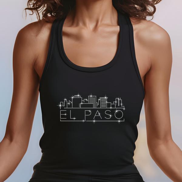 El Paso Rhinestone T-Shirt, Sparkling City Skyline Tee, Women’s Casual Top, Glitter Texas Design, Colorado Gift for Her
