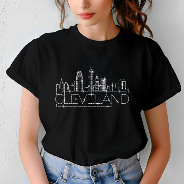 Cleveland Rhinestone T-Shirt, Sparkling City Skyline Tee, Women’s Casual Top, Glitter Ohio Design, Ohio Pride Shirt, Gift for Her