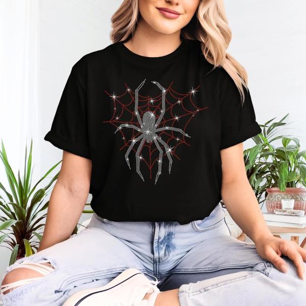 Heart Spider Cobweb Themed Rhinestone T-Shirt, Eye-Catching Spiderweb Design Tee-Shirt, Gothic Creepy Shirt, Cozy Casual Wear Gift
