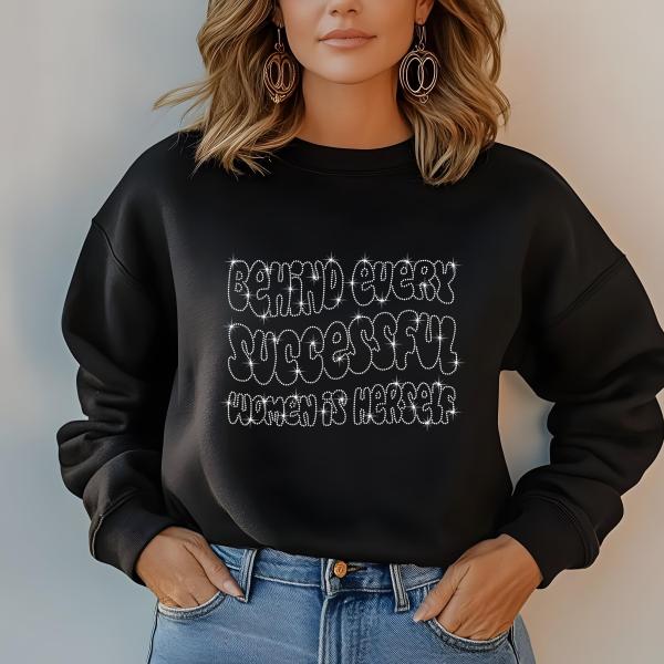 Behind Every Successful Woman Herself Rhinestone T-Shirt, Women’s Day Sparkling Tee, Gift for Her, Stylish Women’s Rights T-Shirt, Mom Gift