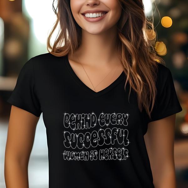 Behind Every Successful Woman Herself Rhinestone T-Shirt, Women’s Day Sparkling Tee, Gift for Her, Stylish Women’s Rights T-Shirt, Mom Gift