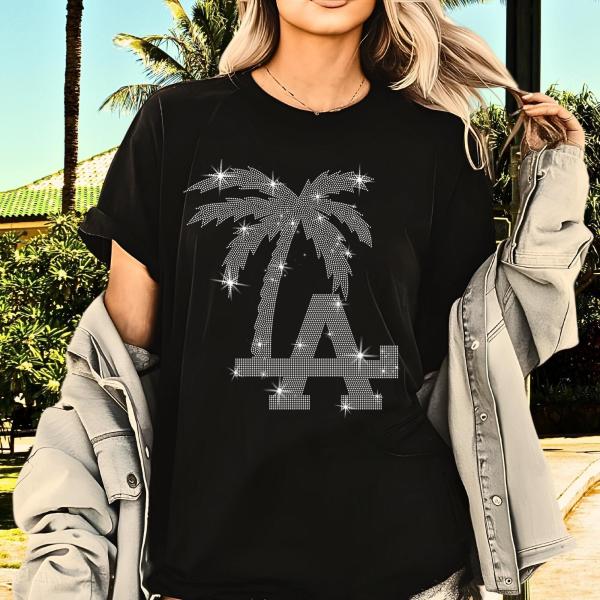 L.A. Palm Tree Rhinestone T-Shirt, Coast Vibes Tee-Shirt, Fire Awareness Shirt, Beach Vacation Tee, Gift, Retro Casual Streetwear