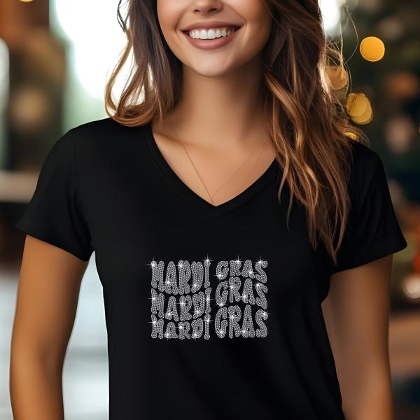 Mardi Gras Uniq Sparkle Design Rhinestone T-Shirt, Sparkling Carnival Tee, Festival Party Shirt for Women, Sparkling Mom Shirt, Gift for Her