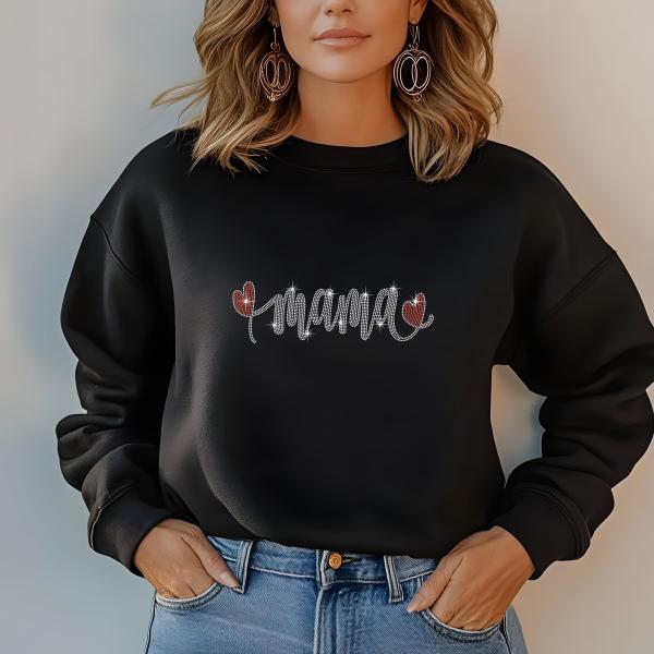 Mama Heart Rhinestone T-Shirt, Sparkling Mom Shirt, Mother's Day Gift, Stylish Mom Tee, Gift for Her, Casual Glam Shirt for Women