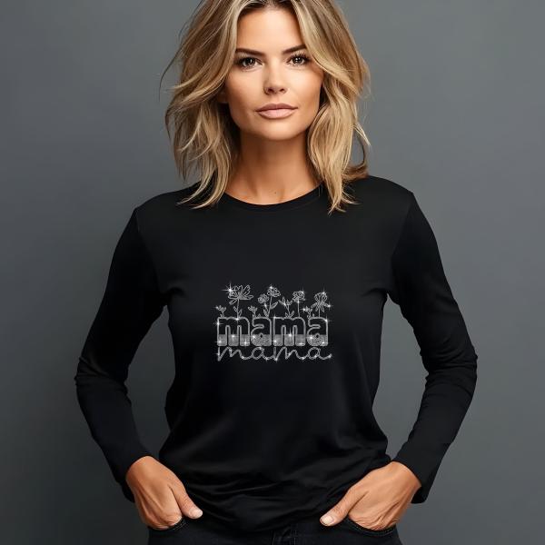 Mama with Flowers Rhinestone T-Shirt, Sparkling Mom Shirt, Mother's Day Gift, Stylish Mom Tee, Gift for Her, Casual Glam Shirt for Women