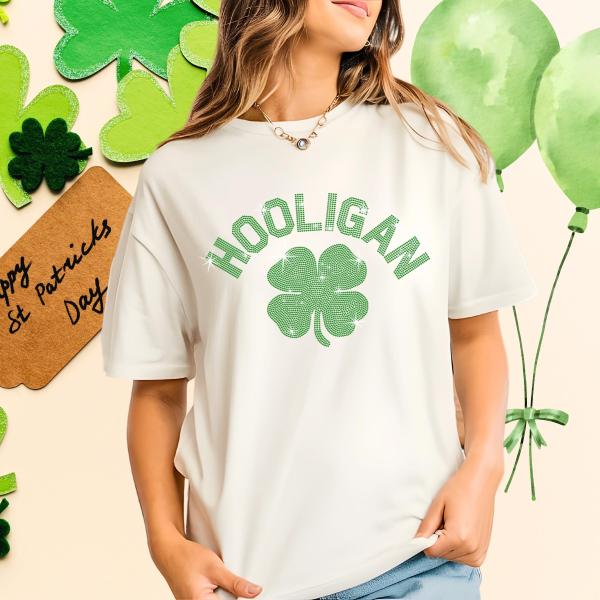 Hooligan Rhinestone T-Shirt with A Four-Leaf Clover, St. Patrick's Day Tee-Shirt, Lucky Shamrock Design Shirt, Traditional Party Apparel