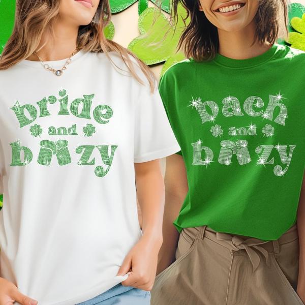 Bride-Bach and Boozy Irish Day Rhinestone T-Shirt, Bride Crew Tee-Shirt, Bride & Bridesmaids Matching Shirt, Girl's Night Out Apparel