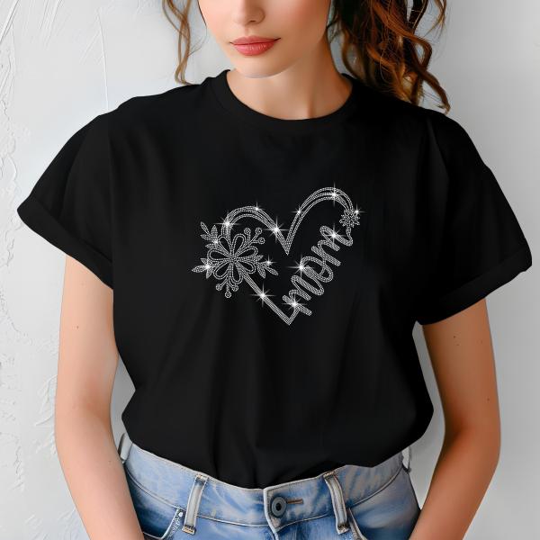 Mom Heart Cute Design Rhinestone T-Shirt, Sparkling Mom Shirt, Mother's Day Gift, Stylish Mom Tee, Gift for Her, Casual Glam Shirt for Women