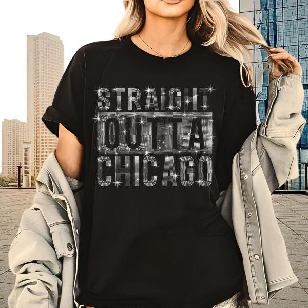 Straight Outta Chicago Rhinestone Unisex T-Shirt, Girls & Boys Chicago Tee-Shirt Gift, Chicago Fans Sweatshirt, Chicago Lovers Shirt