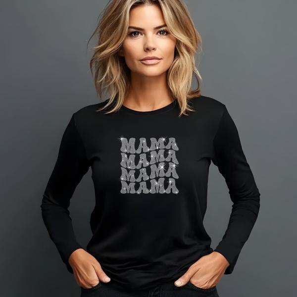 Mama Wavy Design Rhinestone T-Shirt, Mother's Day Gift, Stylish Mom Tee, Gift for Her