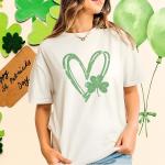 Heart Clover Rhinestone T-Shirt, Three Leaf Clover Unique Design Shirt, Matching Shamrock Tee-Shirt for Women, St Patty's Day Gift Idea