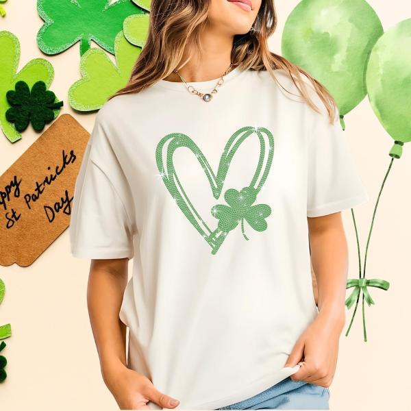 Heart Clover Rhinestone T-Shirt, Three Leaf Clover Unique Design Shirt, Matching Shamrock Tee-Shirt for Women, St Patty's Day Gift Idea
