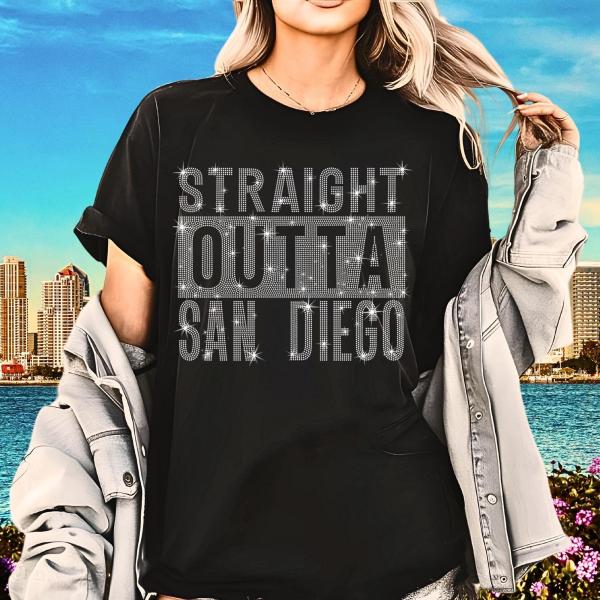 Straight Outta San Diego Rhinestone T-Shirt, City Name Shirt, Custom Hometown Tee-Shirt, Vacation Souvenir Gift for Travelers & City Lovers