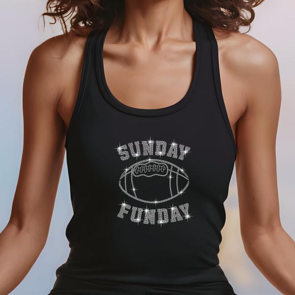 Sunday Funday Rhinestone T-Shirt, Football Sparkle Tee, Glitter Game Day Shirt, Women's Black Top, Fun Sportswear Gift for Fans