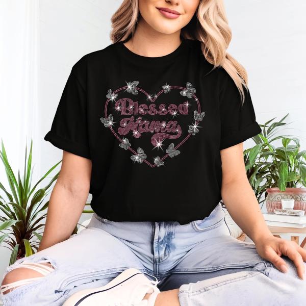 Blessed Mama Heart Butterflies Rhinestone T-Shirt, Strong Mama Tee-Shirt, Cool Mom Sweatshirt, Motherhood Outfit, Thankful Shirt For Moms