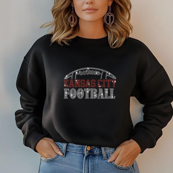 Kansas City Sparkle Football Rhinestone Shirt, Stylish T-shirt, Sweatshirt, Hoodie, V-Neck, Perfect for Game Day, Gift for Her