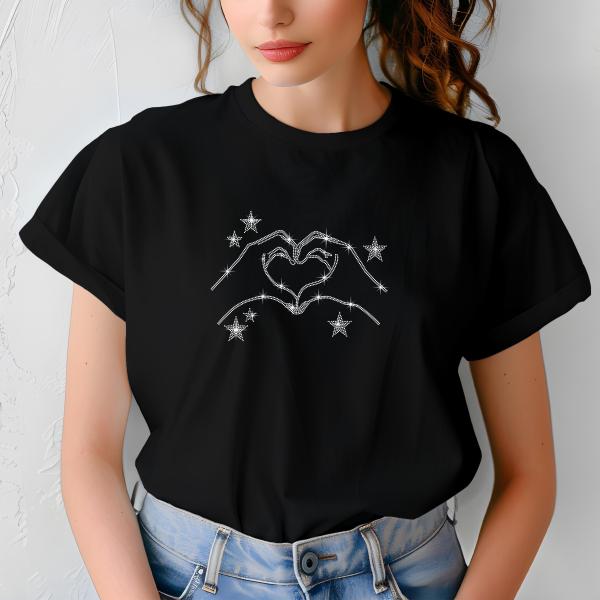 Heart Hand Gesture Rhinestone T-Shirt, Shimmering Love Design Tee with Stars for Women, Romantic Gift, Valentine’s Day Tee, Gift for Her