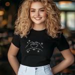 Heart Hand Gesture Rhinestone T-Shirt, Shimmering Love Design Tee with Stars for Women, Romantic Gift, Valentine’s Day Tee, Gift for Her