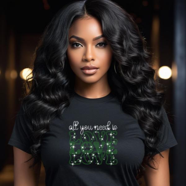 All You Need is Love Rhinestone T-Shirt - Sparkling St. Patrick's Day Tee for Women, Sparkling Mom Shirt, Gift for Her