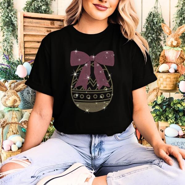 Patterned Egg with Ribbon Rhinestone T-Shirt, Happy Easter Tee-Shirt, Cute Christian Holiday Apparel, Easter Sunday Church Tee