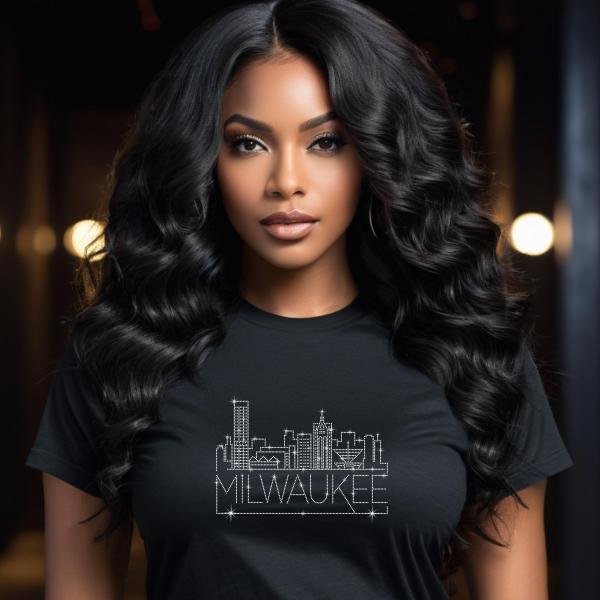 Milwaukee Rhinestone T-Shirt, Sparkling City Skyline Tee, Women’s Casual Top, Glitter Wisconsin Design, Wisconsin Gift, Gift for Her