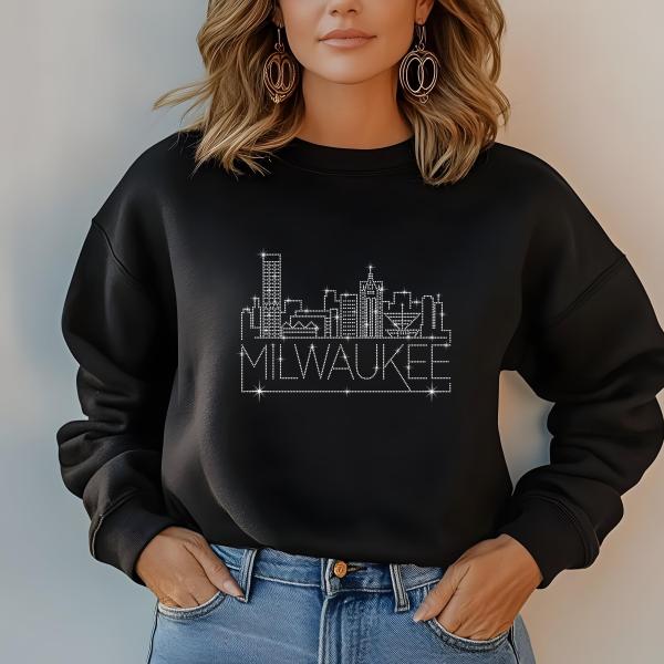 Milwaukee Rhinestone T-Shirt, Sparkling City Skyline Tee, Women’s Casual Top, Glitter Wisconsin Design, Wisconsin Gift, Gift for Her