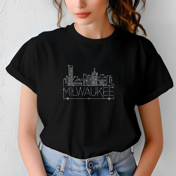 Milwaukee Rhinestone T-Shirt, Sparkling City Skyline Tee, Women’s Casual Top, Glitter Wisconsin Design, Wisconsin Gift, Gift for Her