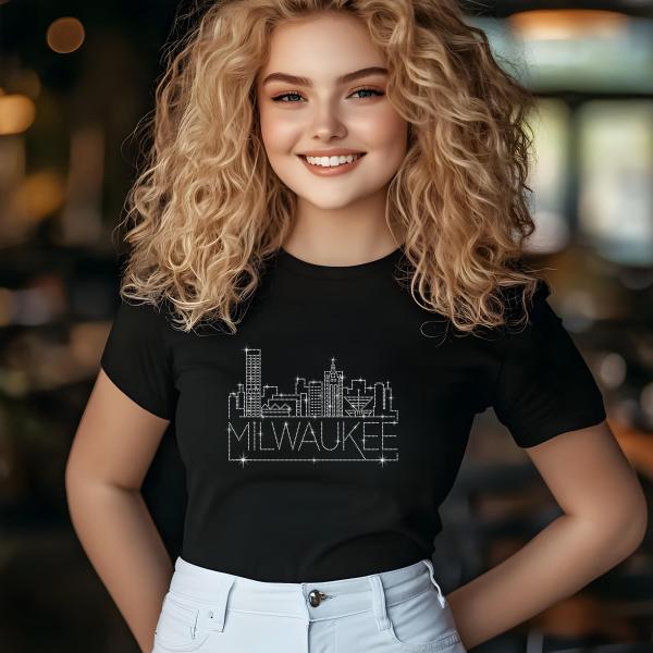Milwaukee Rhinestone T-Shirt, Sparkling City Skyline Tee, Women’s Casual Top, Glitter Wisconsin Design, Wisconsin Gift, Gift for Her