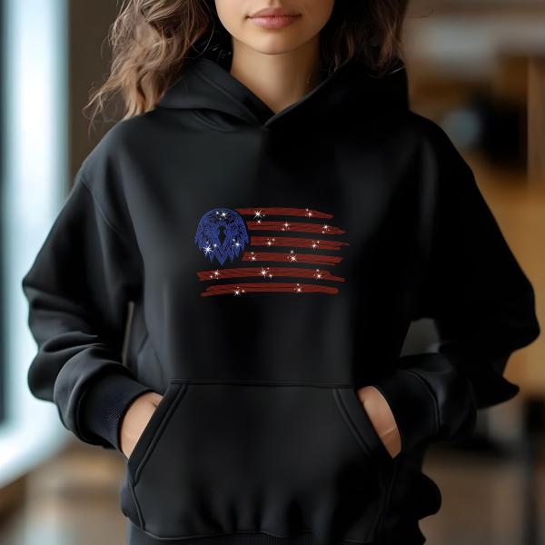 Patriotic Rhinestone Eagle Flag T-Shirt, USA Flag Tee, American Pride Shirt, Independence Day Outfit, 4th of July Gift, Women’s Casual Tee