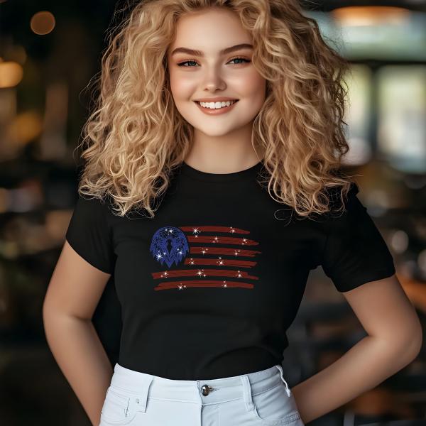 Patriotic Rhinestone Eagle Flag T-Shirt, USA Flag Tee, American Pride Shirt, Independence Day Outfit, 4th of July Gift, Women’s Casual Tee