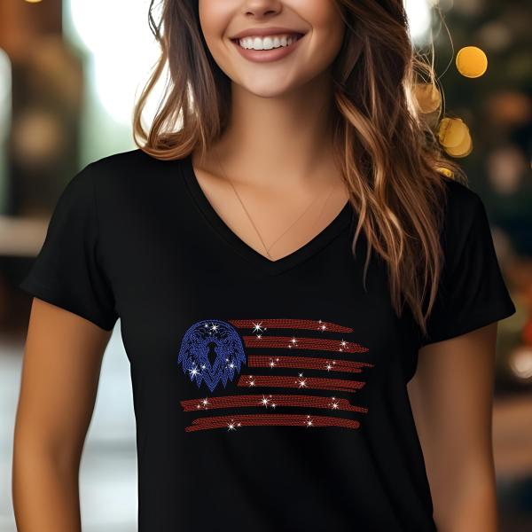 Patriotic Rhinestone Eagle Flag T-Shirt, USA Flag Tee, American Pride Shirt, Independence Day Outfit, 4th of July Gift, Women’s Casual Tee
