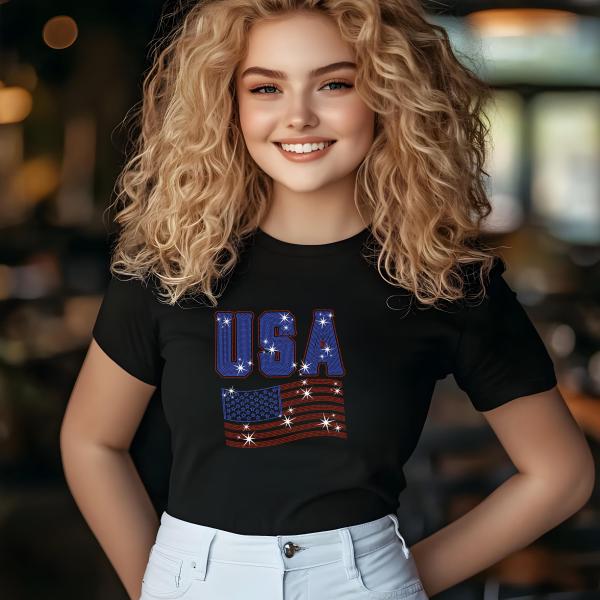 USA Rhinestone T-Shirt, American Flag Tee, USA Pride Shirt, 4th of July Outfit, Patriotic Women’s T-Shirt, Independence Day Gift