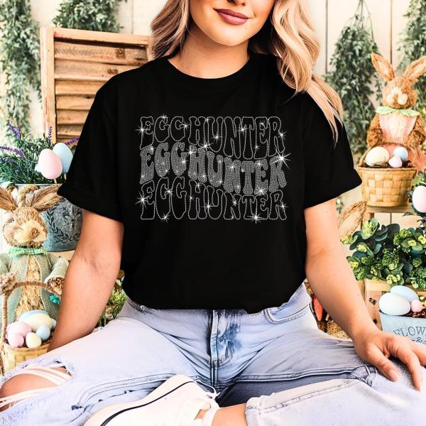 Egg Hunter  Rhinestone T-Shirt with Wavy Text, Funny Easter Church Shirt, Family Matching Easter Sweatshirt, Hunting Season Tee-Shirt