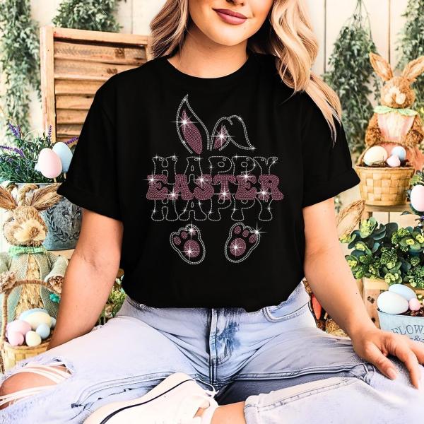 Happy Easter Rhinestone T-Shirt, Bunny Ears and Paw Tee-Shirt, Cute Rabbit Design Sweatshirt,  Matching Easter Gift for Her or Him