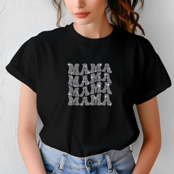 Mama Wavy Design Rhinestone T-Shirt, Mother's Day Gift, Stylish Mom Tee, Gift for Her