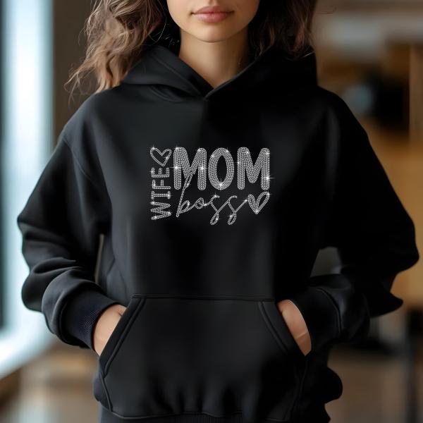 Mom Wife Boss Design Rhinestone T-Shirt, Sparkling Mom Shirt, Mother's Day Gift, Stylish Mom Tee, Gift for Her, Casual Glam Shirt for Women