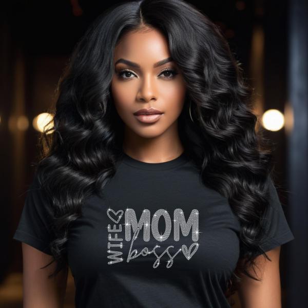 Mom Wife Boss Design Rhinestone T-Shirt, Sparkling Mom Shirt, Mother's Day Gift, Stylish Mom Tee, Gift for Her, Casual Glam Shirt for Women
