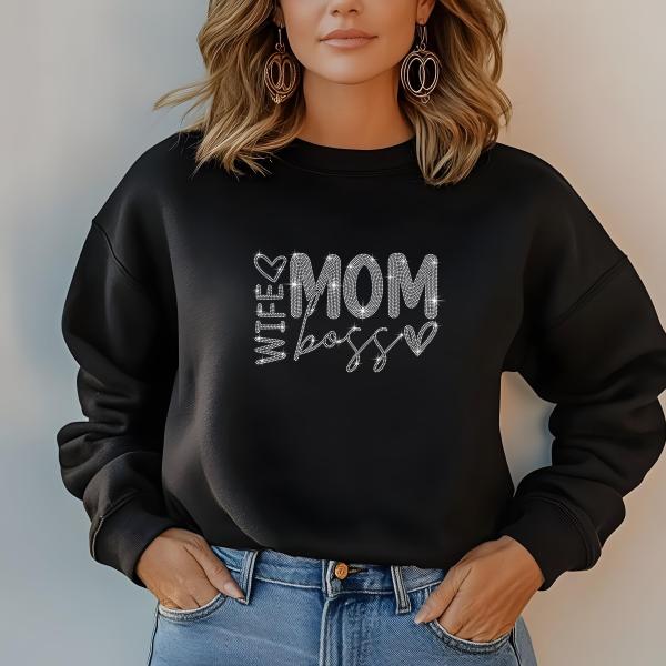 Mom Wife Boss Design Rhinestone T-Shirt, Sparkling Mom Shirt, Mother's Day Gift, Stylish Mom Tee, Gift for Her, Casual Glam Shirt for Women