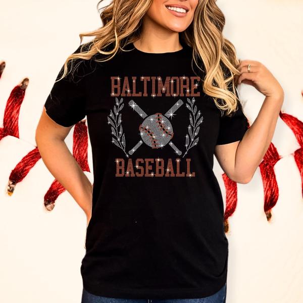 Baltimore Baseball Rhinestone T-Shirt, Sports Team Fans Game Day Tailgate Apparel, Unisex Soft-Style Tee-Shirt, Cheering Mom Shirt